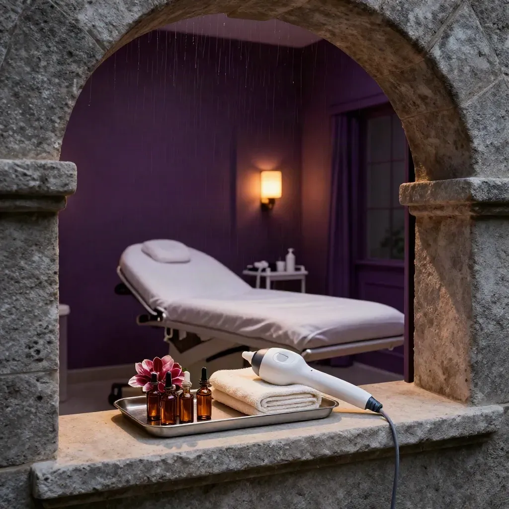 Moody ivory clinic room with ampoules, towels and laser handpiece in evening light.