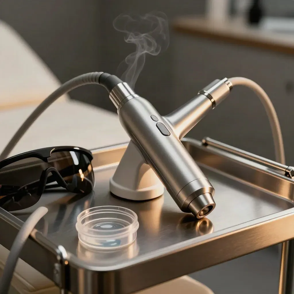 Laser handpiece in its cradle beside closed goggles, gel jar and couch edge in a clinical room.