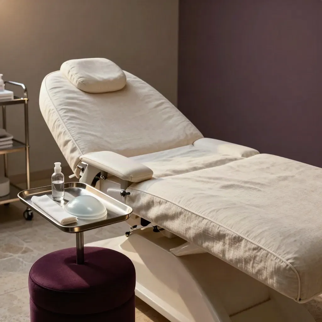 Bijou Clinic treatment couch, steel tray and cooling gel pad in a warm clinical room.