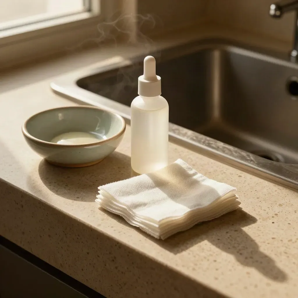 Chemical peels tools beside a sink: peel bowl, gauze, ceramic dish and serum bottle in soft light.