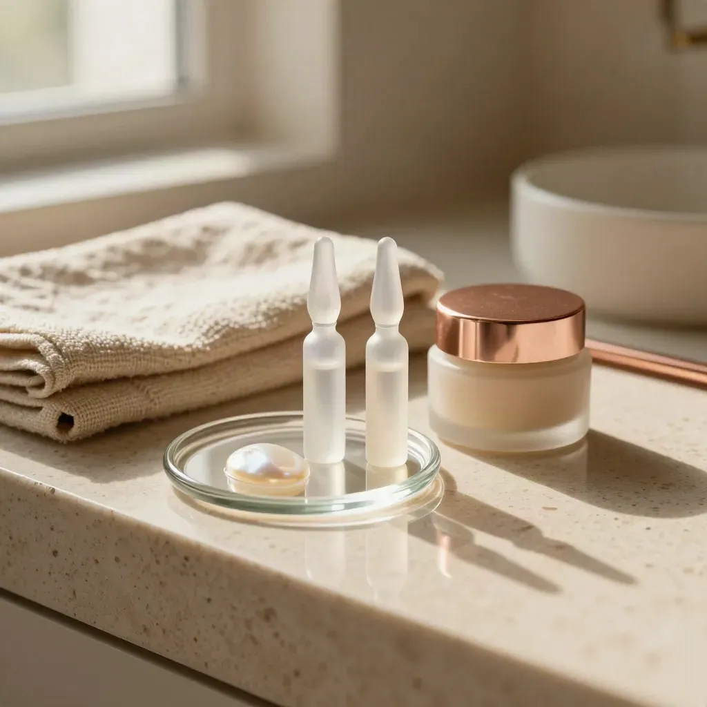 Lip filler ampoules, glass dish, linen towel and stone balm jar on a travertine clinic counter.
