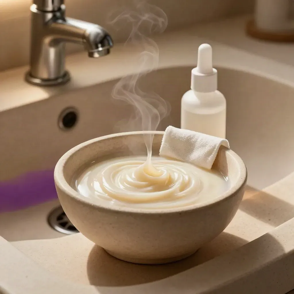 Peel bowl, gauze, serum bottle and steam in a pale stone clinic sink.
