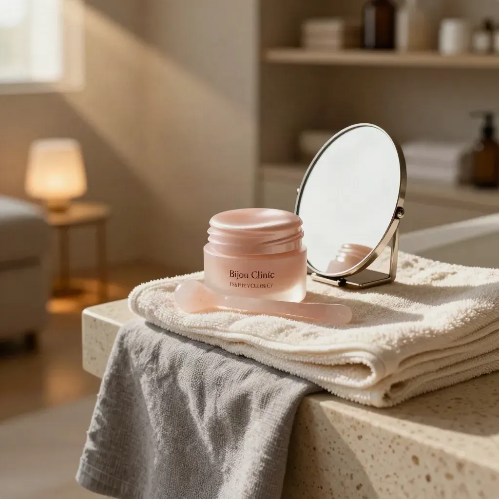 Lip balm jar, rose quartz tool, mirror and towel on a travertine counter in warm clinic light