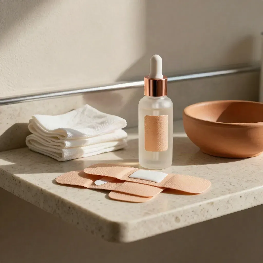 Hydrocolloid patch sheets, serum bottle, gauze and ceramic bowl on a travertine clinic shelf.