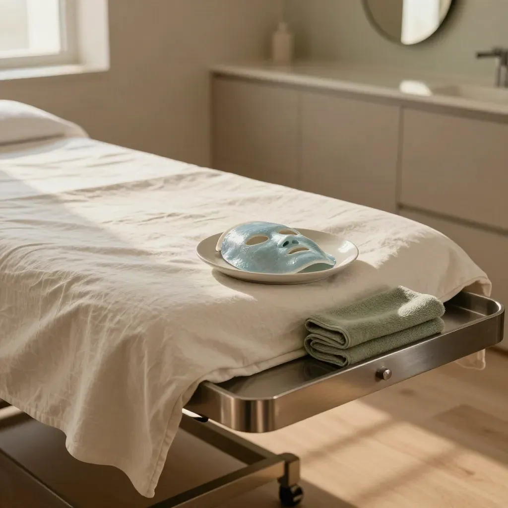 Empty treatment bed with folded linen, face-down gel mask and mirror in a warm clinic room.