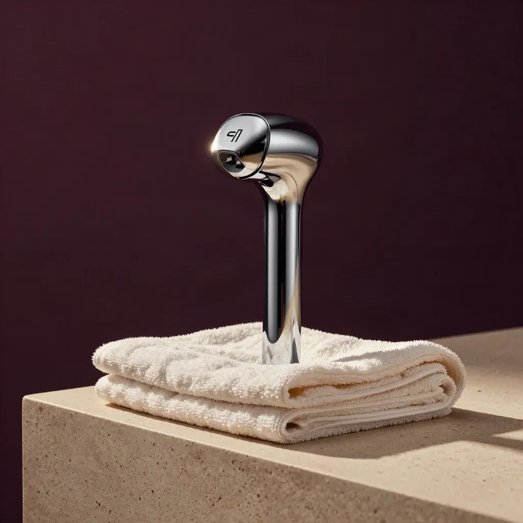 Skin-tightening device head on a chrome stand beside a towel on pale stone in a moody room.