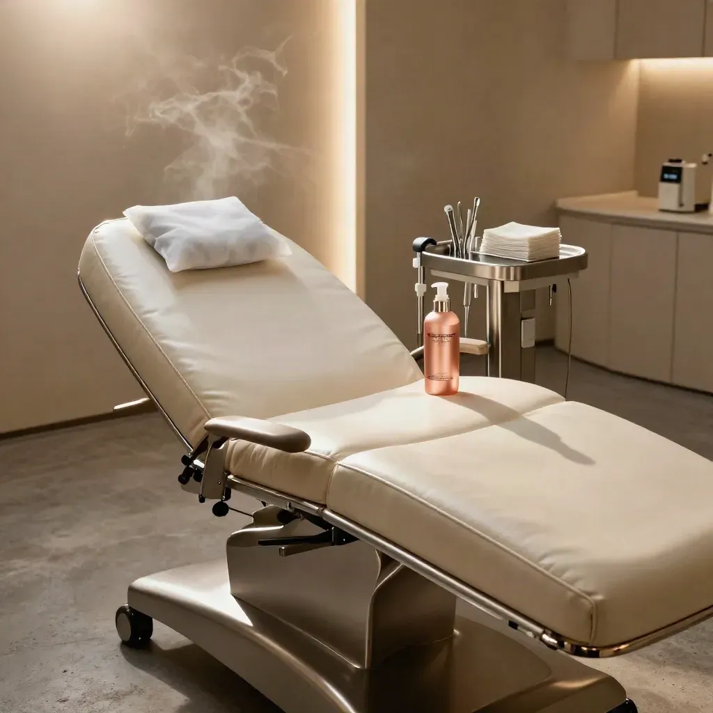 Empty laser clinic room with a treatment couch, cooling pack, lotion, and instrument cradle.
