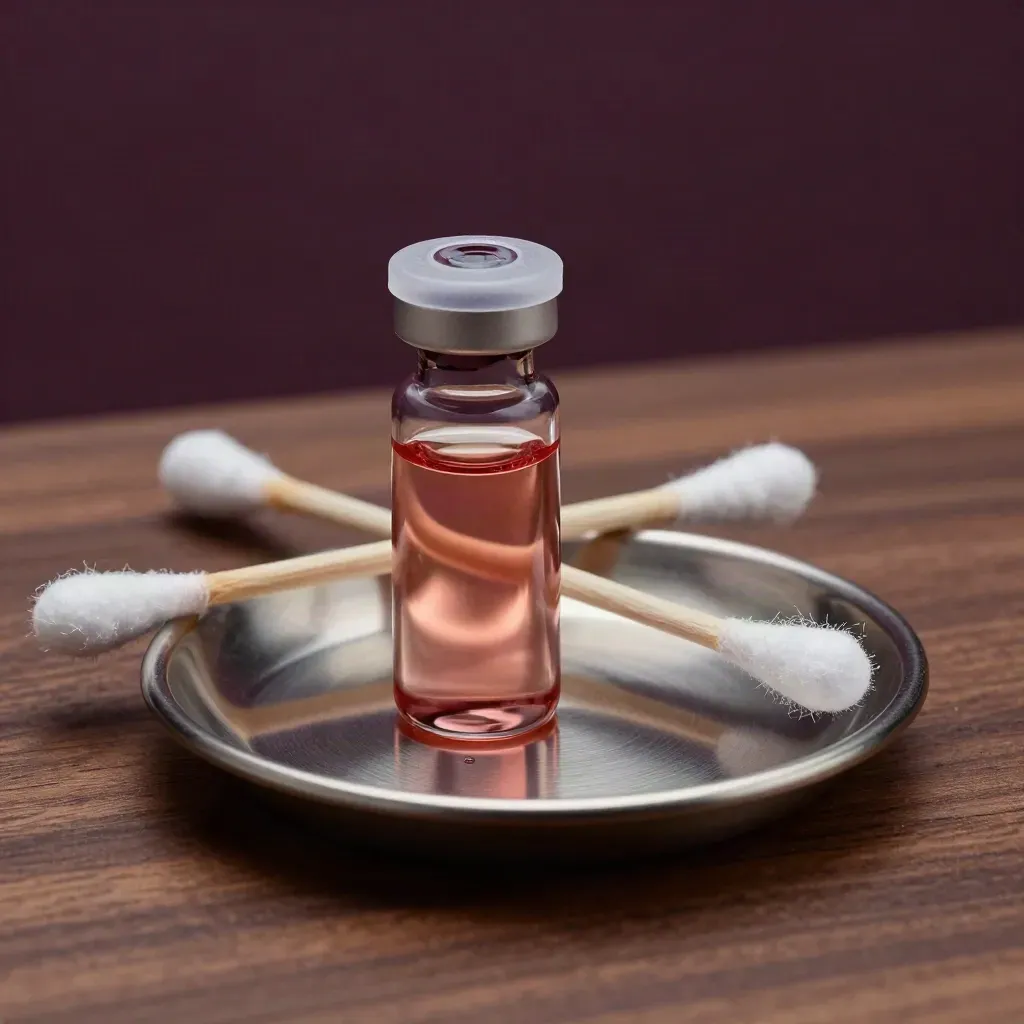 Rose-gold filler vial, glass stopper, swabs and steel dish on walnut under dramatic clinic light