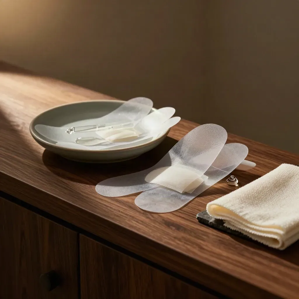 Scar-treatment patches, serum dropper and ceramic dish on dark stone in moody clinic light.