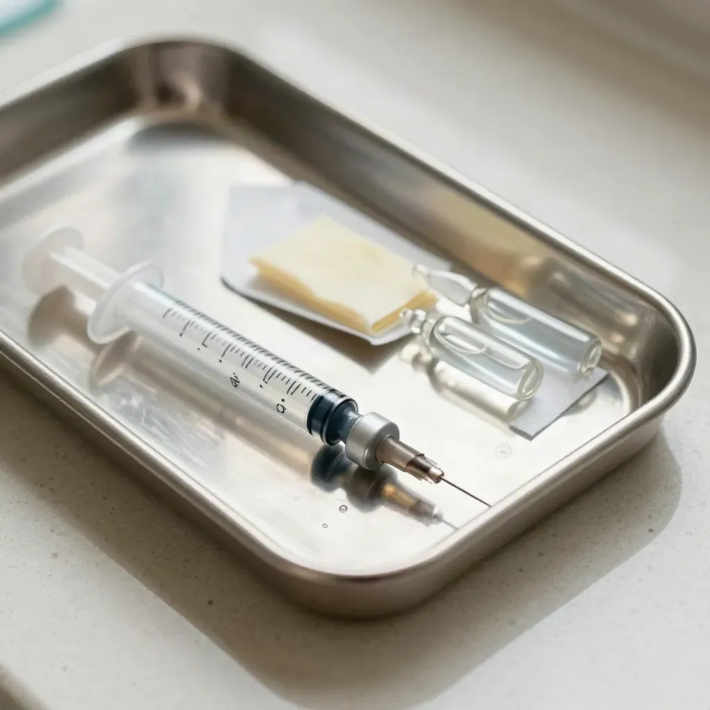 Macro tray of syringes, ampoules and gauze on travertine under soft clinic light.