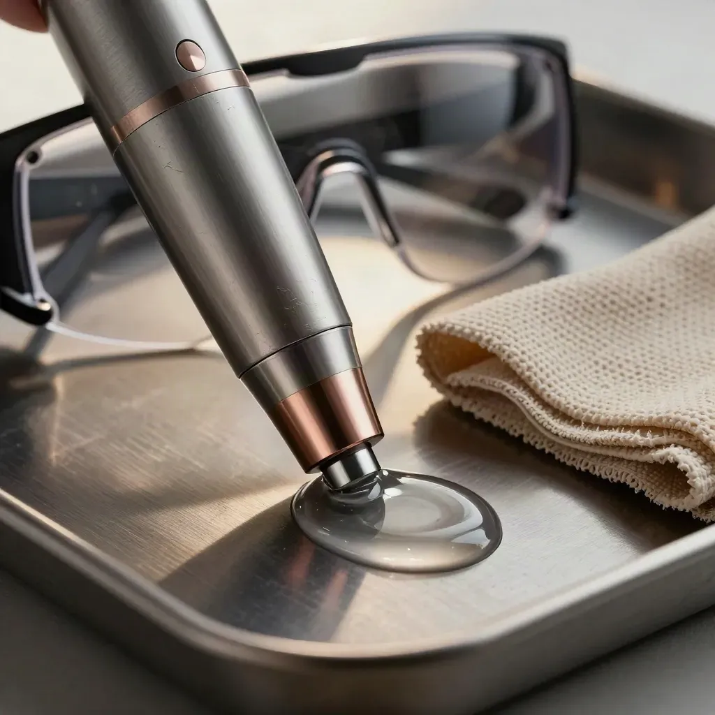 Laser handpiece, cooling gel, protective eyewear and textured wipe on a clinic tray.