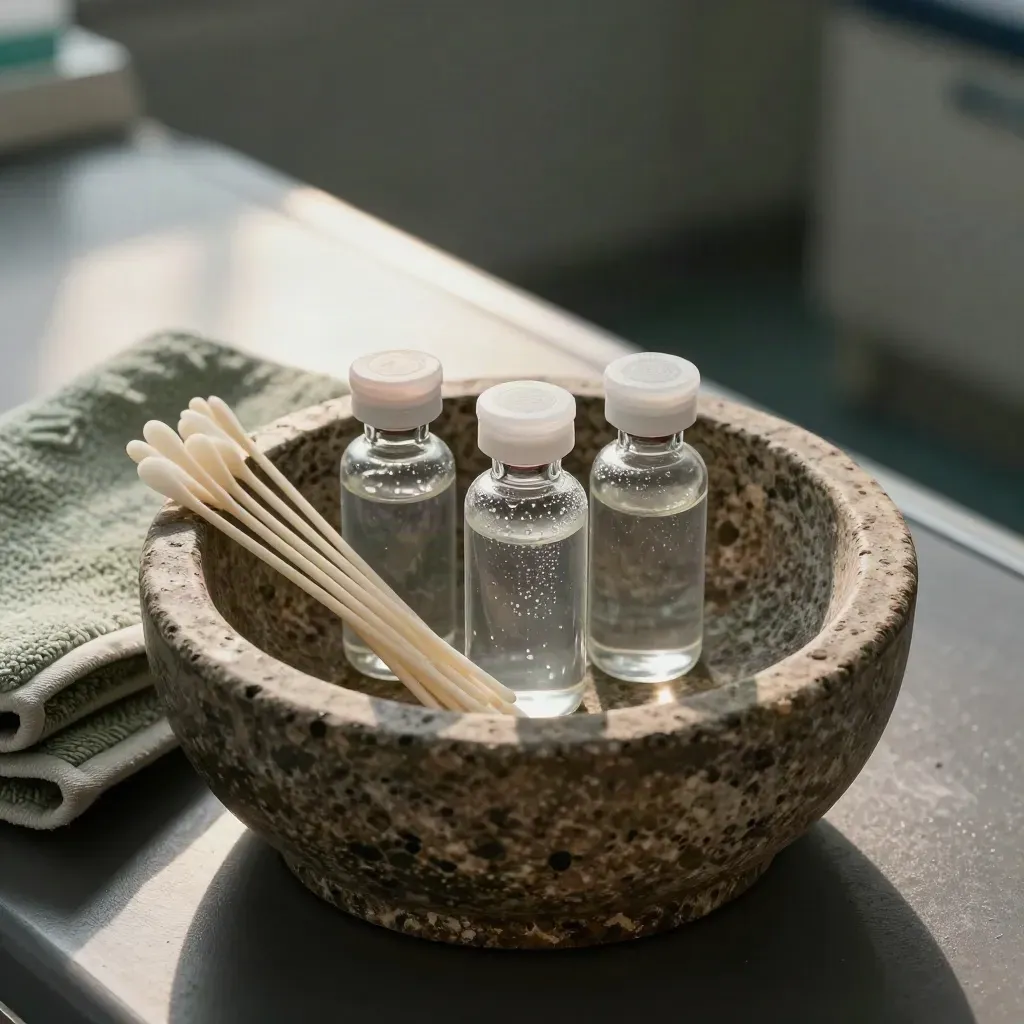 Peel vials, stone bowl, swabs and sage towel on a clinic bench.