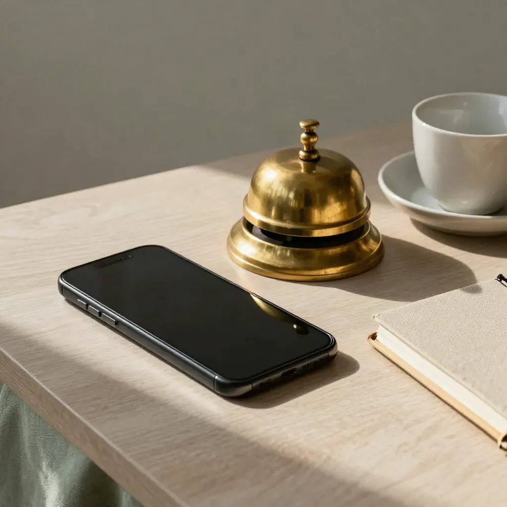 Face-down phone, brass bell, linen notebook and porcelain cup on pale wood.