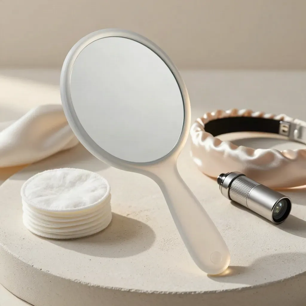 Frosted mirror, cotton rounds, satin headband and inspection lamp on a plaster sweep.
