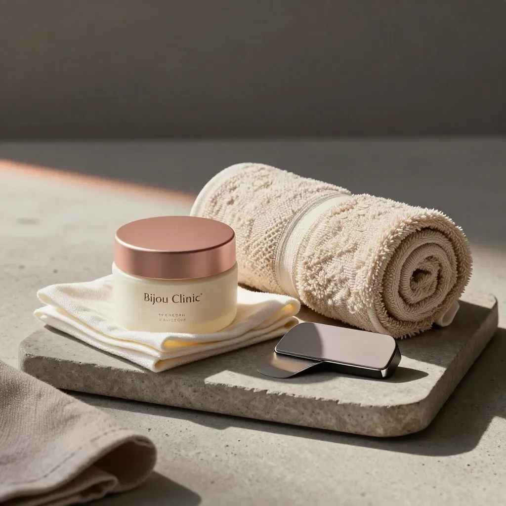 Aftercare balm jar, gauze, rolled towel and laser cradle on a stone tray in soft side light.