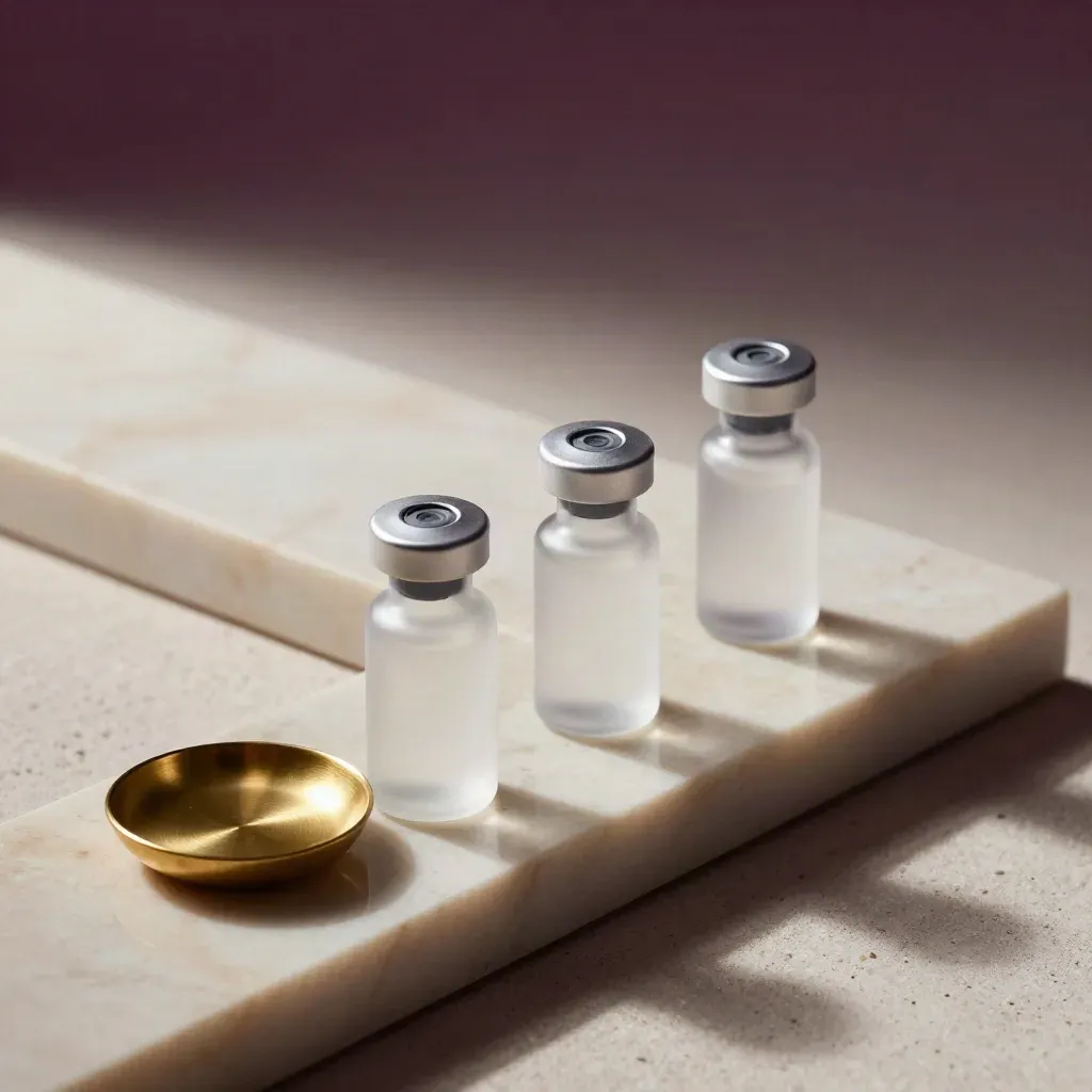 Three sealed treatment vials on a marble riser beside a brass dish in a clinic flatlay.
