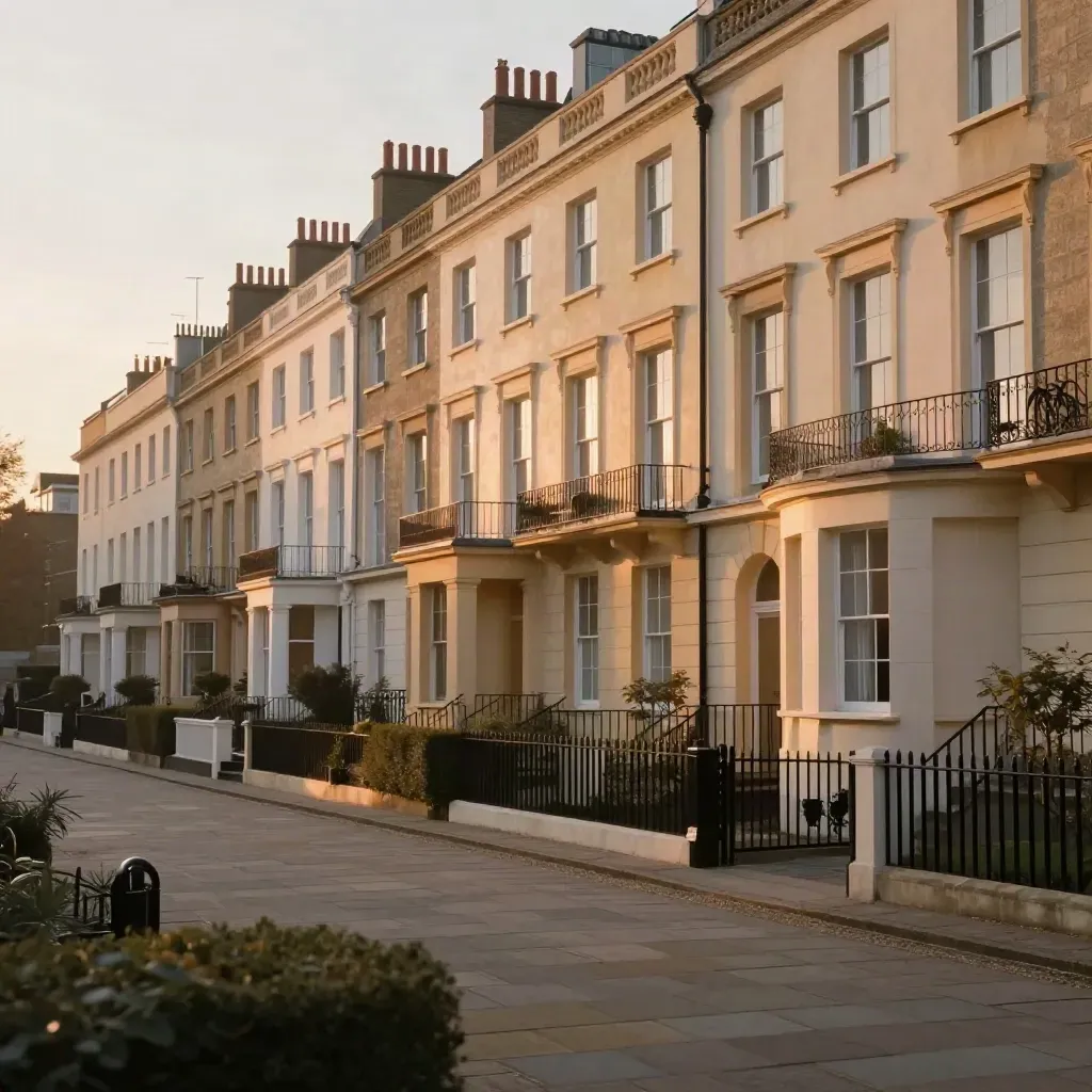 West London stucco terraces glowing at sunset above a calm open foreground