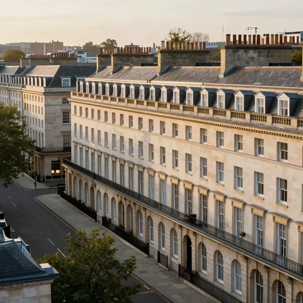 Elevated view of Marylebone terraces and stone façades glowing in summer haze above quiet streets.