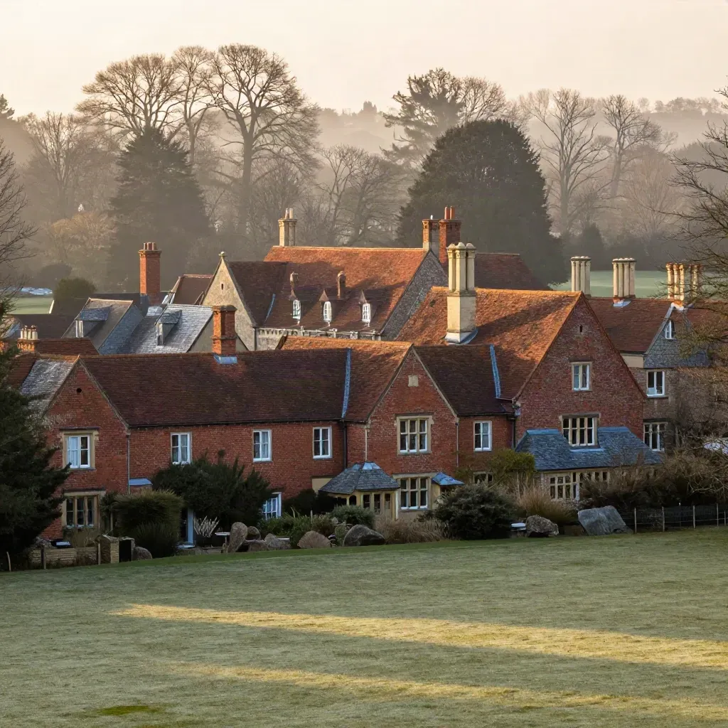 Hertfordshire manor roofs and parkland trees in soft haze with calm meadow space below
