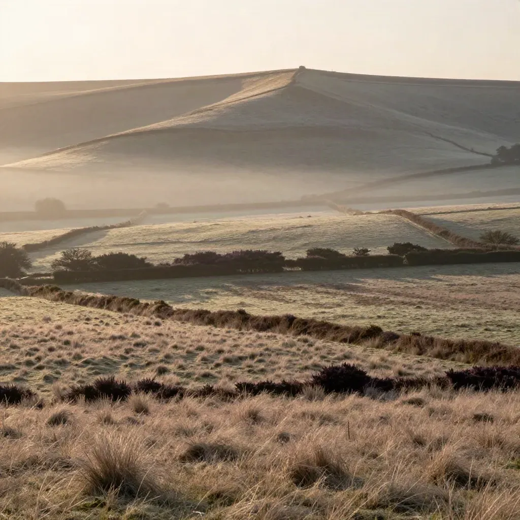 Misty Surrey chalk downs at dawn with hedgerows and a calm open foreground.